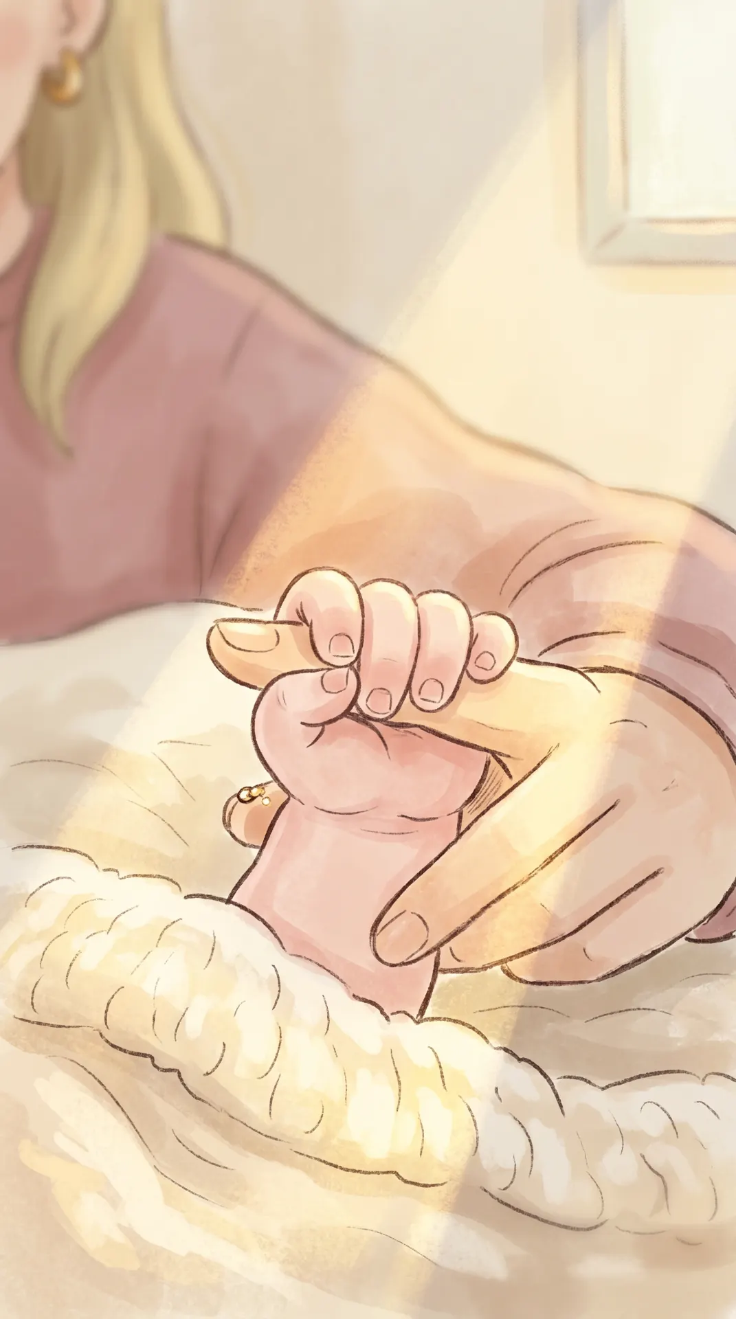mother holding her baby's tiny hand wrapped around her finger