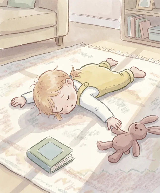 watercolor illustration of a toddler in yellow overalls lying on a rug with her storybook and stuffed bunny