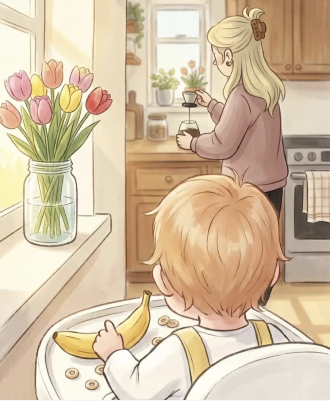 Illustrated scene of a toddler in a high chair holding a banana while mom waters tulips by the kitchen window