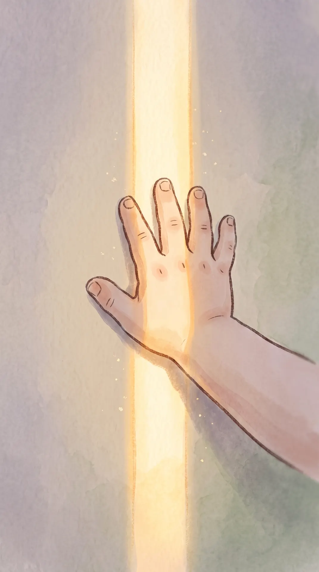 a small hand reaching toward a warm beam of light