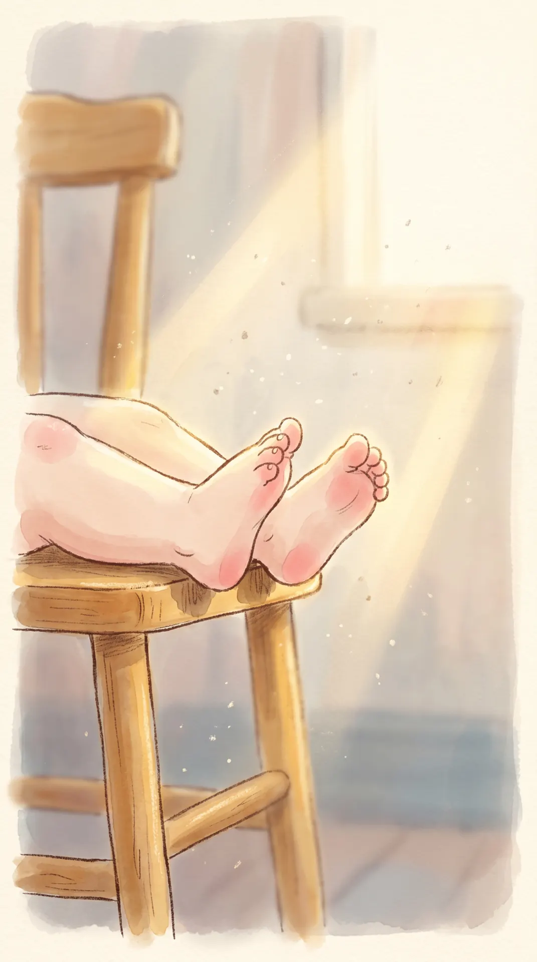 bare toddler feet resting on a sunlit wooden stool