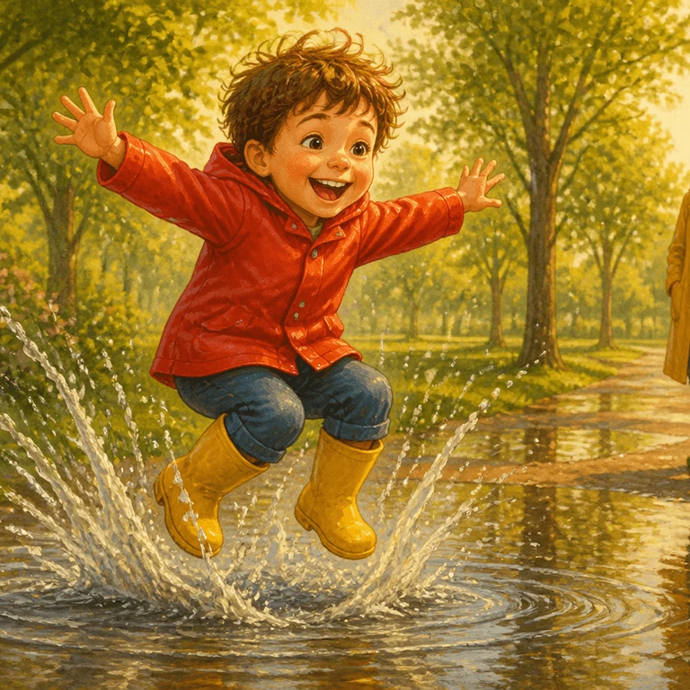 Kaiary sample illustration of a child in yellow boots splashing in a puddle